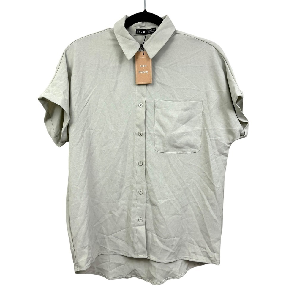 SHEIN Womens Frenchy Button Up Blouse Top Pocket Short Cuffed Sleeve Sage Sz XS*